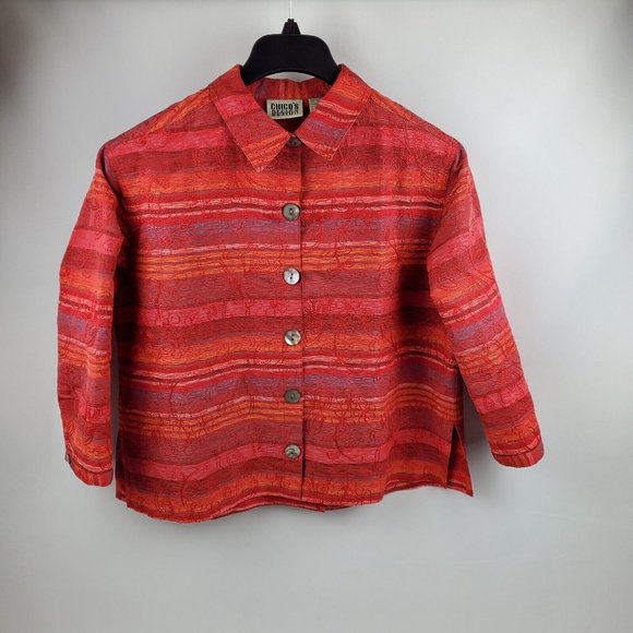 Chicos Design Womens Blazer Jacket Button Red Orange Chico 1=Medium Silk Linen - Picture 1 of 6